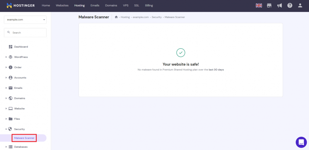 Malware Scanner tool in hPanel