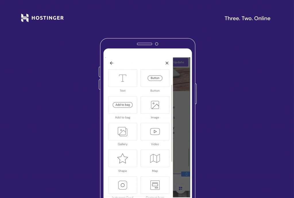 Hostinger Website Builder Mobile Editor Add New Elements feature.