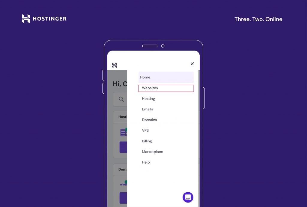 Hostinger mobile hPanel menu with Websites highlighted.