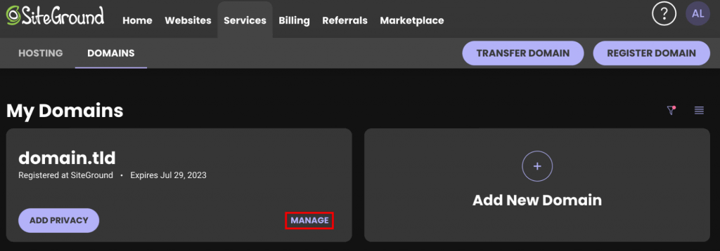 My Domains section on the SiteGround website, The manage button is highlighted