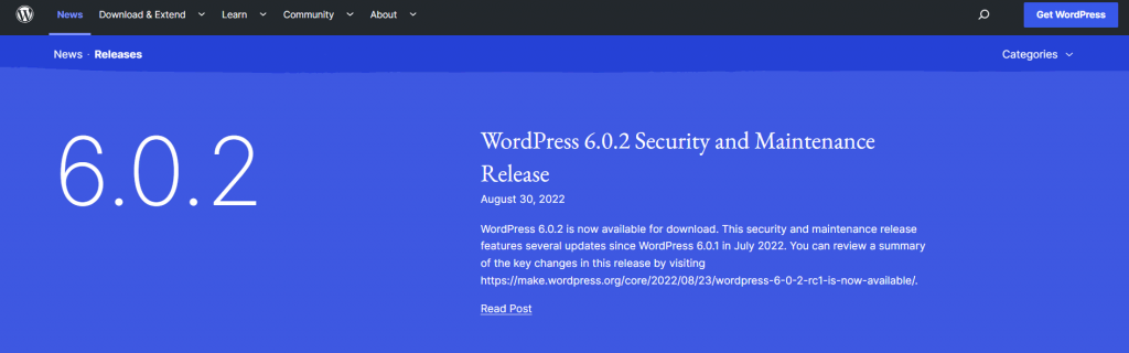 WordPress news page regarding latest releases