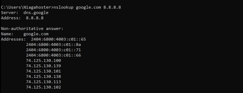 The appearance of a non-interactive nslookup mode.