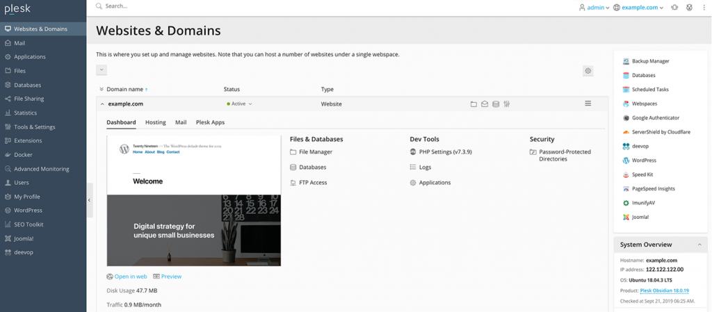 Plesk's website and domain management screen