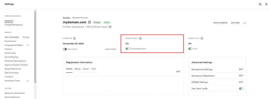 Squarespace Domains panel highlighting the WHOIS Privacy toggle