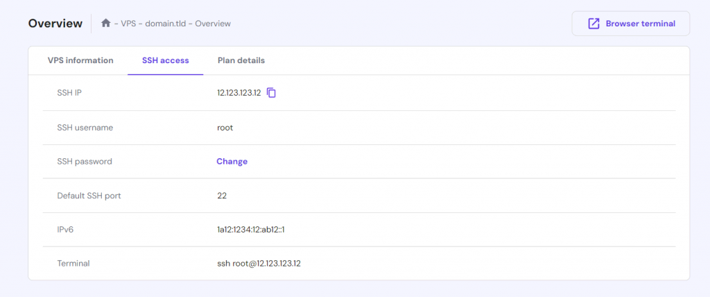 The SSH Access tab in hPanel's VPS overview menu