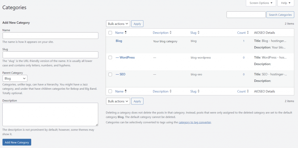 The Categories section in the WordPress dashboard
