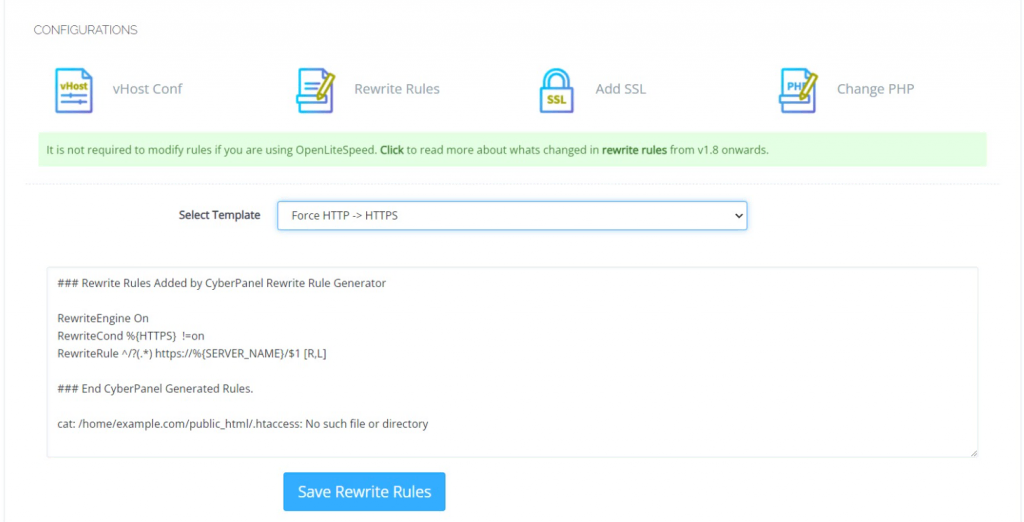 The force HTTPS configuration settings in CyberPanel