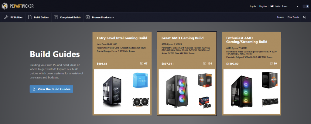 The homepage of PC Part Picker, a computer builder site.