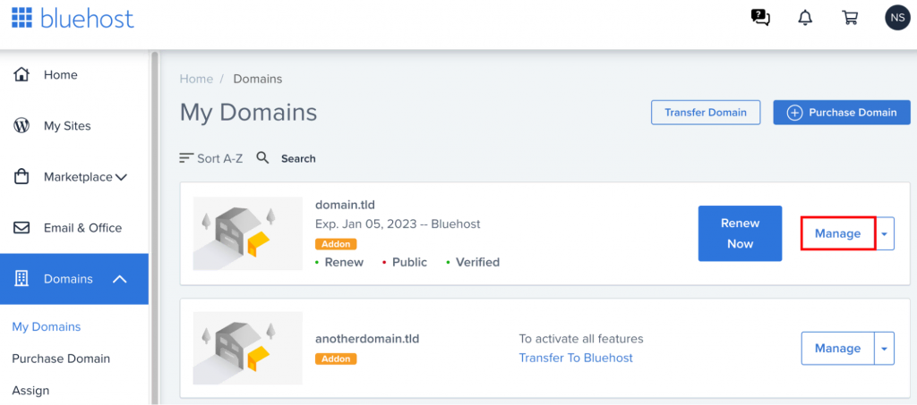 The My Domains section on the Bluehost website. The Manage button near a domain is highlighted