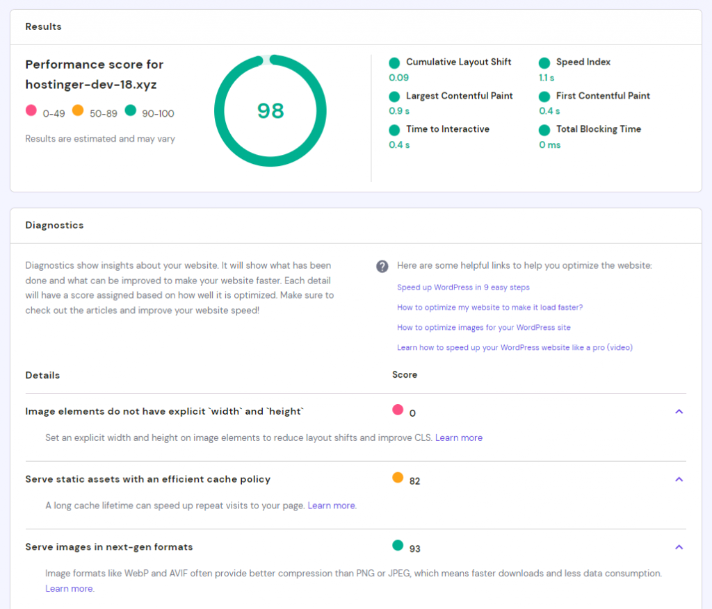 The Page Speed test results in hPanel