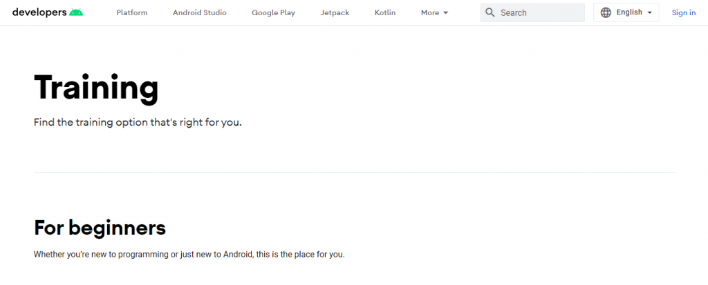 The Training Courses page on the Android Developers website