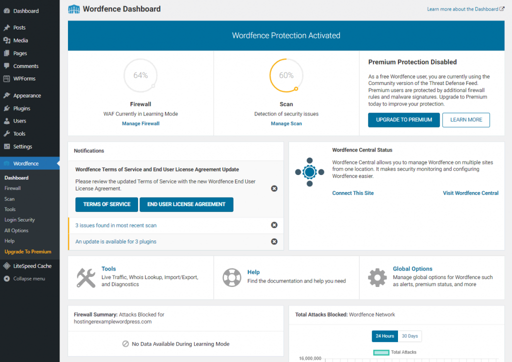 Wordfence configuration in the WordPress dashboard.