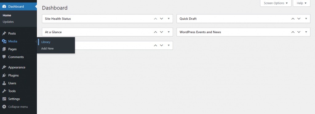 WordPress dashboard's Media and Library navigation menu options