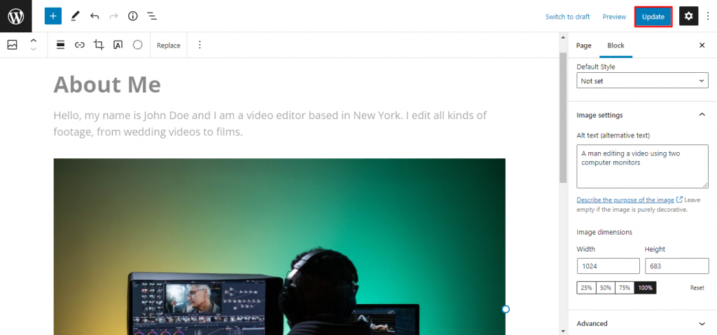 WordPress Gutenberg page editor with the Update button highlighted and the alt text field on the image block options sidebar menu filled in