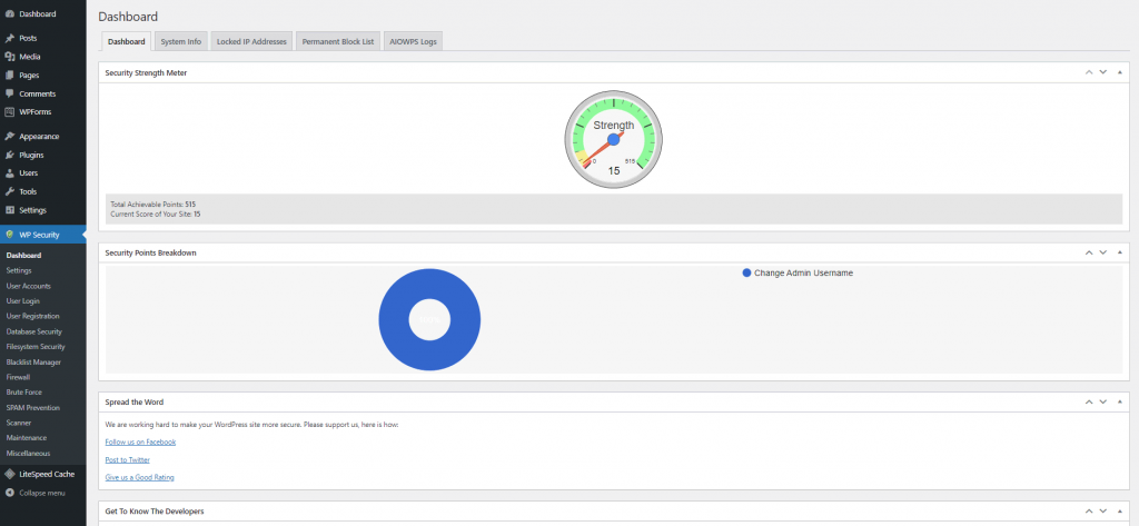 All In One security configuration in the WordPress dashboard